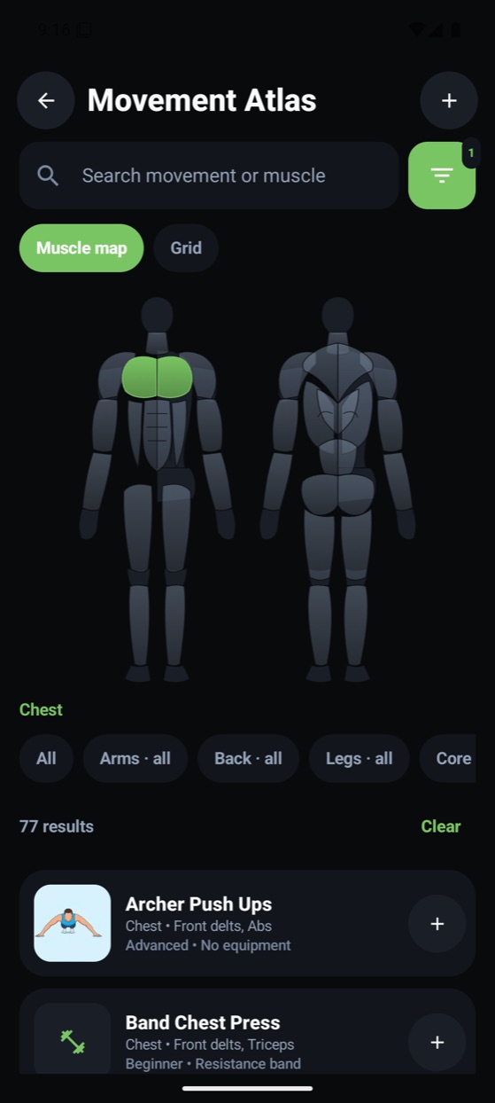 Exercise atlas muscle map: tap the chest to list chest exercises